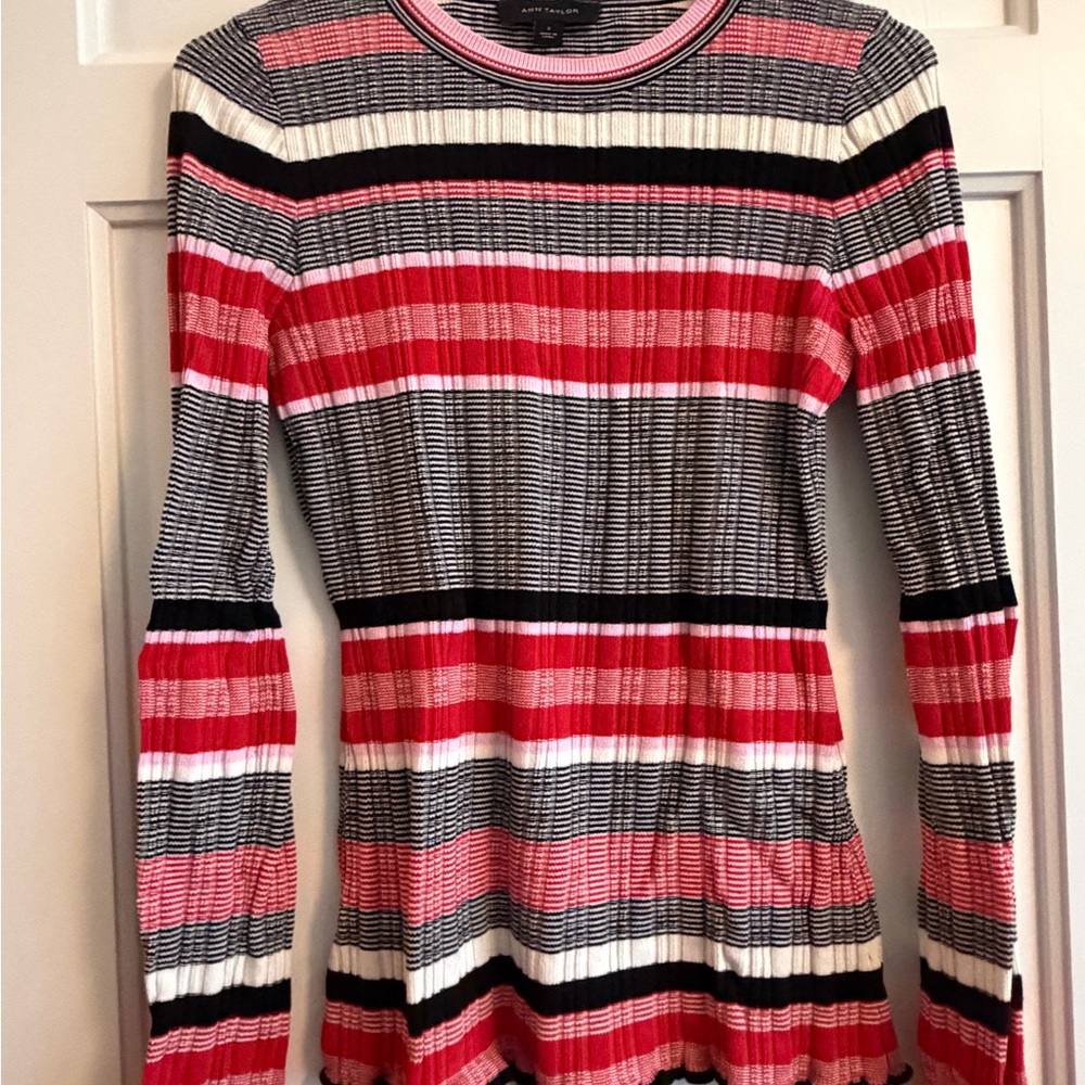 Ann Taylor Striped Ribbed Sweater - Pink, Red, Black, White